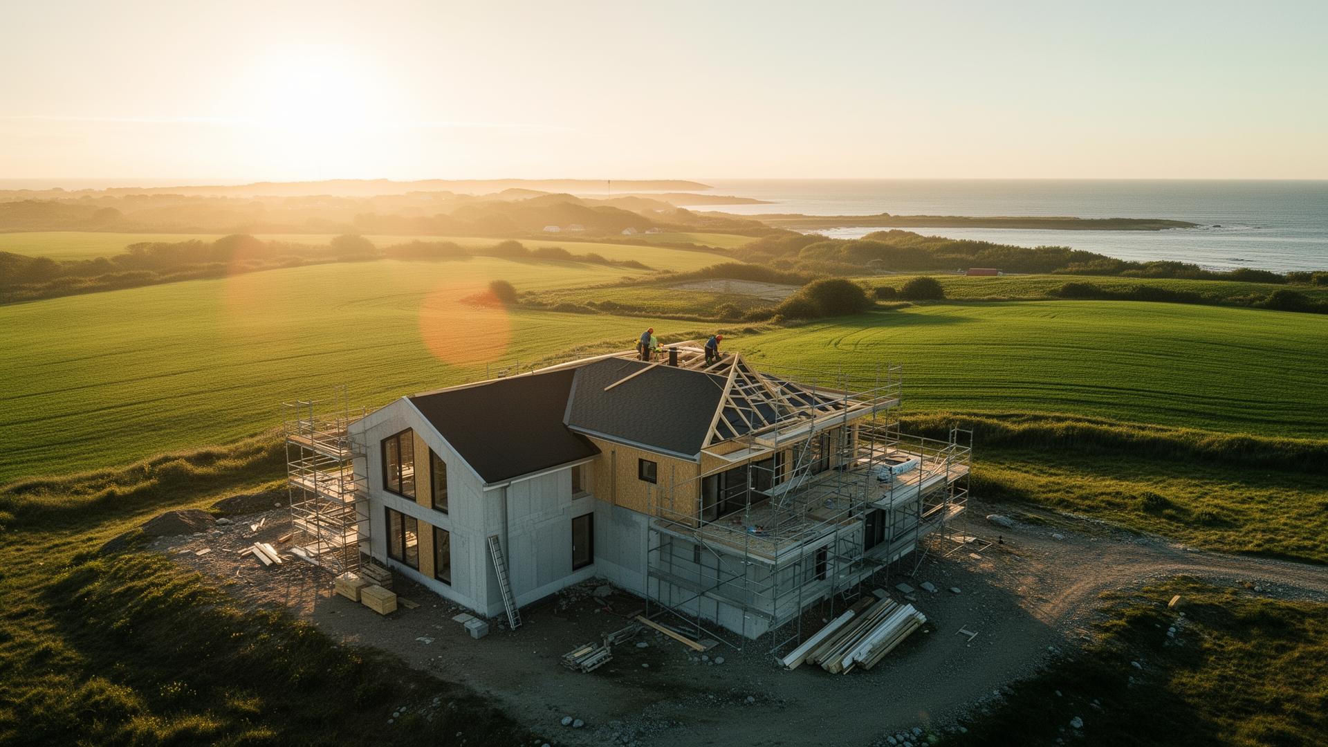 Nybygget villa under opførelse i jysk landskab nær Kolding
